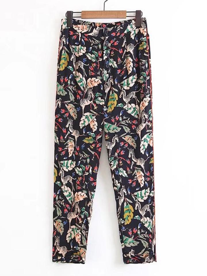 Shein Zebra & Jungle Print Button Fly Pants