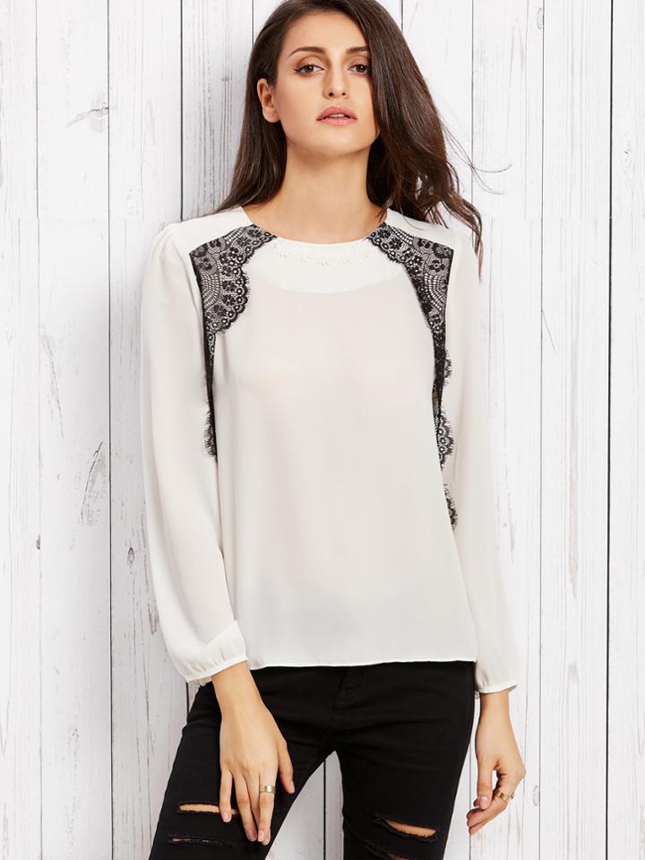 Shein White Contrast Lace Applique Keyhole Back Blouse