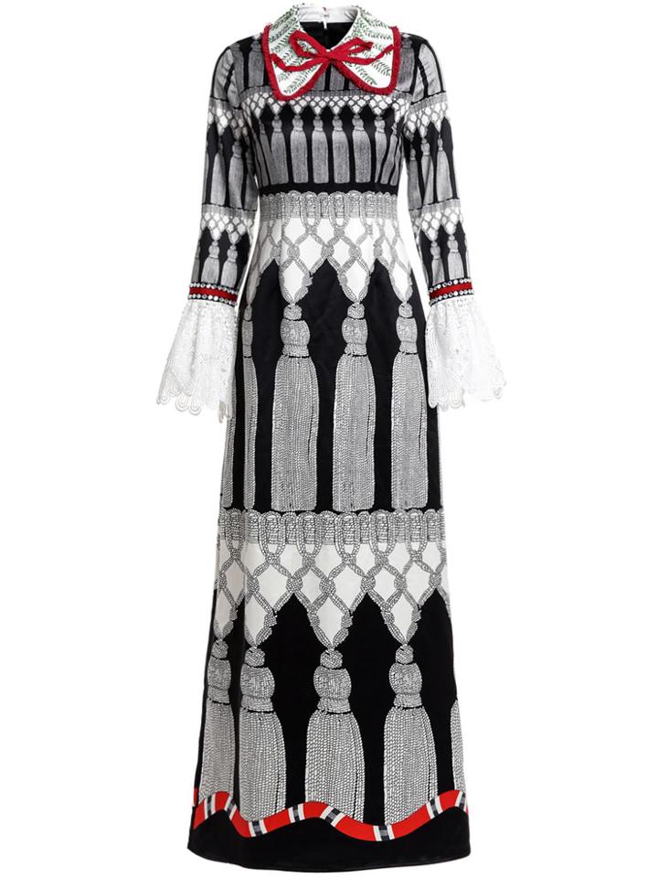 Shein Bowknot Vintage Print Bell Lace Sleeve Maxi Dress