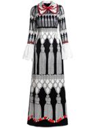 Shein Bowknot Vintage Print Bell Lace Sleeve Maxi Dress