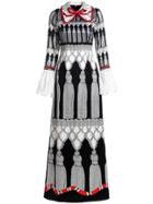 Shein Bowknot Vintage Print Bell Lace Sleeve Maxi Dress