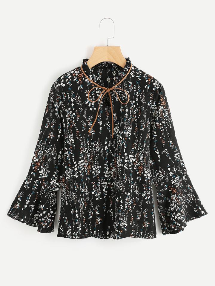 Shein Ditsy Print Tie Neck Blouse