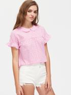 Shein Peter Pan Collar Keyhole Tie Back Frill Gingham Top