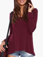 Shein Burgundy Long Sleeve Dip Hem T-shirt