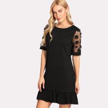 Shein 3d Appliques Mesh Sleeve Pep Hem Dress