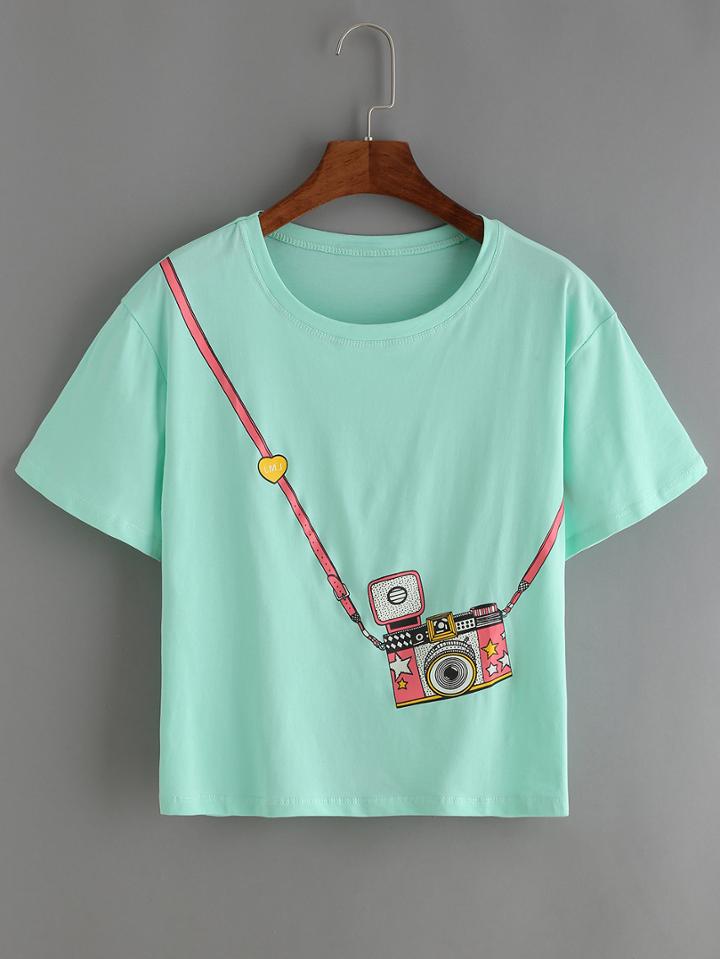 Shein Green Short Sleeve Camera Print T-shirt