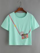 Shein Green Short Sleeve Camera Print T-shirt