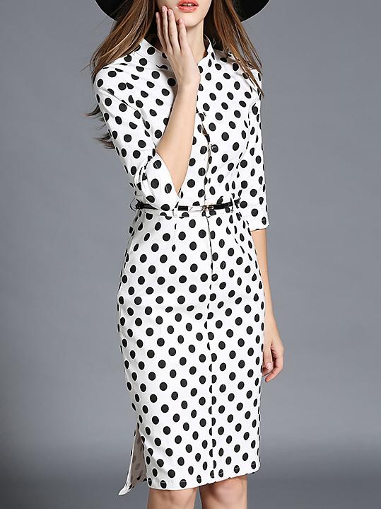 Shein Black Round Neck Half Sleeve Polka Dot Drawstring Dress