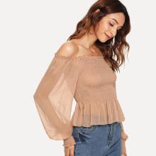 Shein Shirred Bardot Pep Hem Blouse