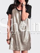 Shein Gold Contrast Black Glittering Short Sleeve Sparkles Colorblock Sequined Dress