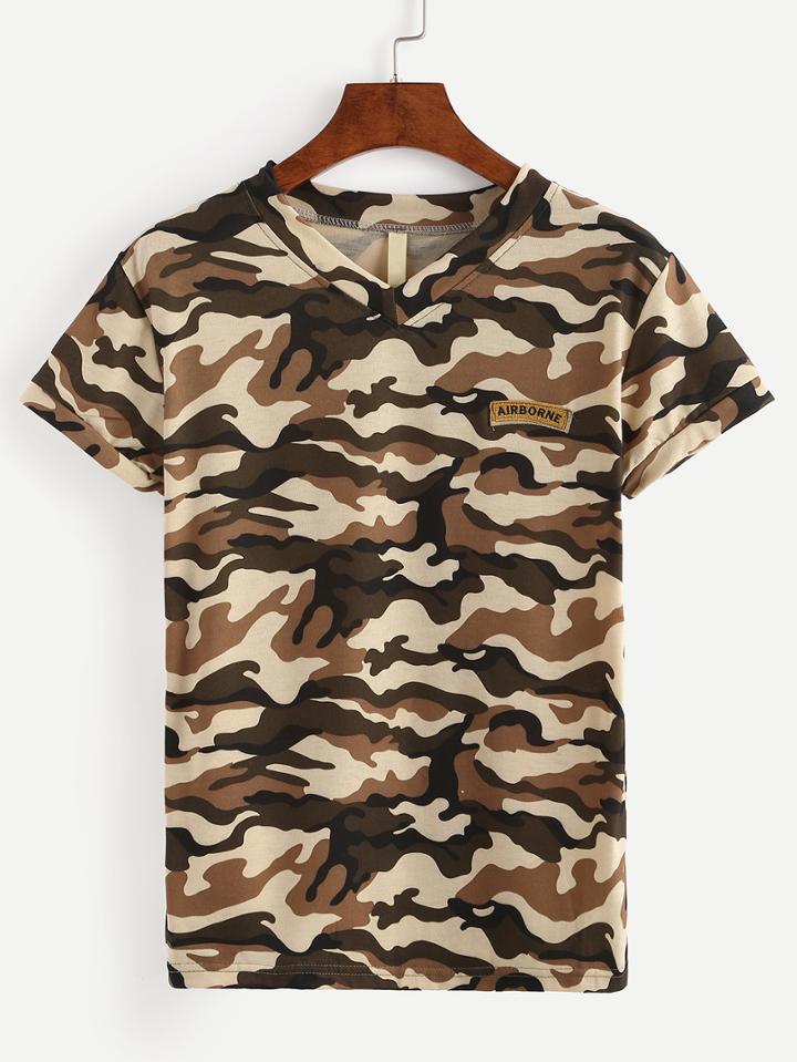 Shein V-neck Camo T-shirt - Beige