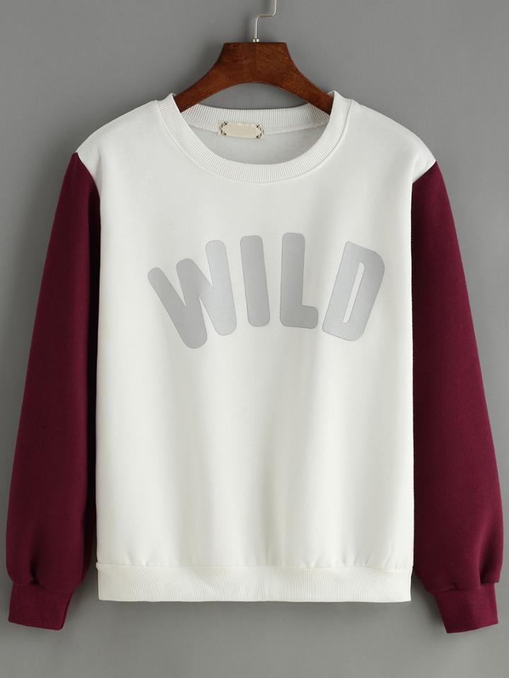 Shein White Red Round Neck Letters Prtint Sweatshirt