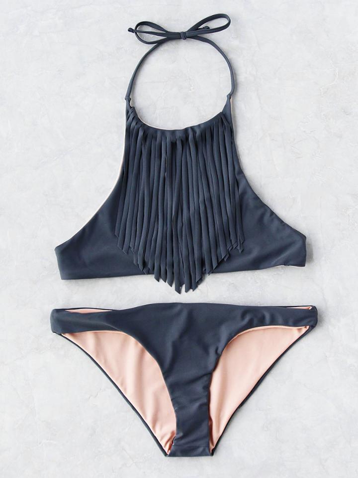 Shein Fringe Detail Halter Bikini Set