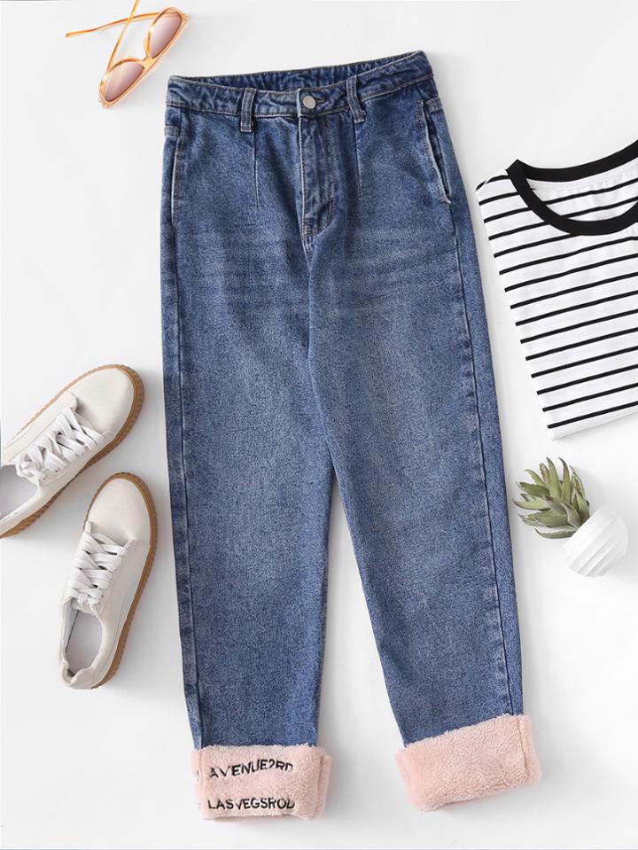 Shein Letter Embroidered Roll Up Hem Jeans