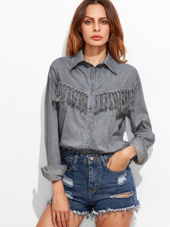 Shein Grey Knotted Tassel Trim Curved Hem Blouse