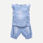 Shein Girls Pearls Frill Washed Denim Vest With Shorts
