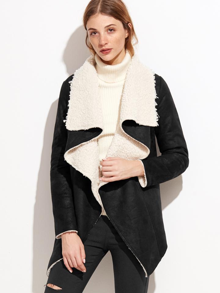 Shein Black Faux Shearling Waterfall Collar Jacket