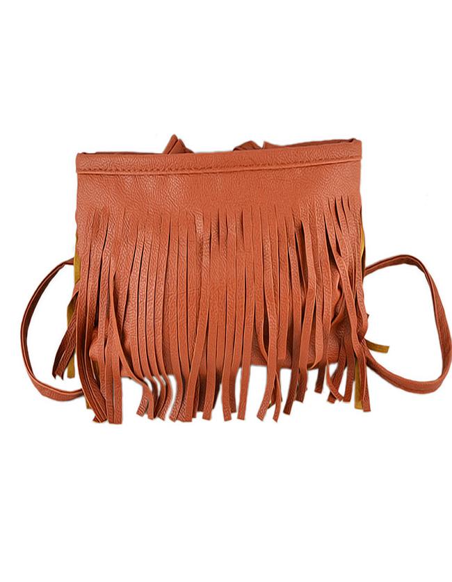 Shein Brown Pu Leather Tassel Along Bag