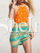 Shein Multicolour Halter Vintage Print Backless Dress