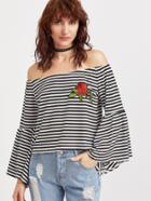 Shein Off The Shoulder Bell Sleeve Embroidered Patch Striped T-shirt