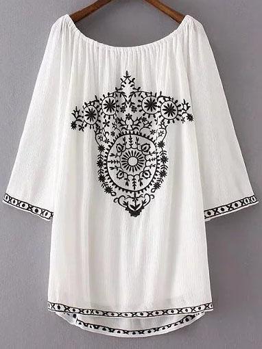 Shein White Embroidery Boat Neck Dip Hem Dress