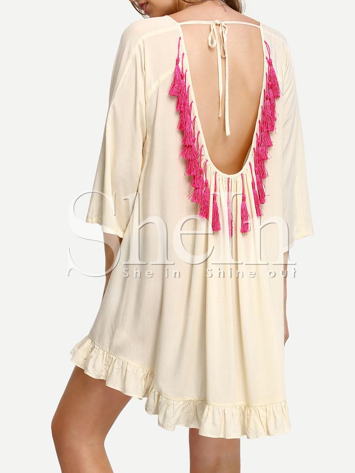 Shein Apricot Backless Tassel High Low Ruffle Dress