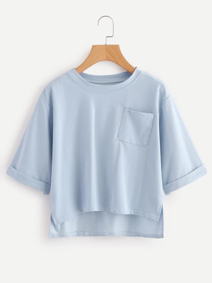 Shein Roll Sleeve Slit Side High Low Tee