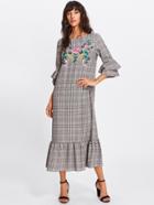 Shein Frilled Sleeve And Hem Embroidered Plaid Dress