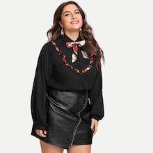 Shein Plus Contrast Frill Knot-neck Blouse
