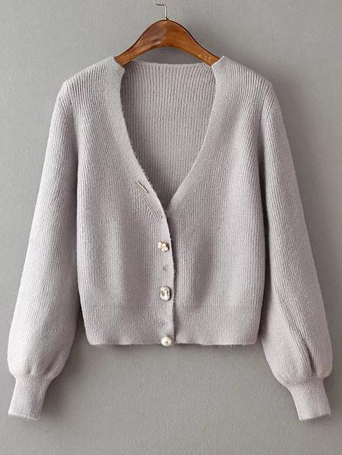 Shein Grey Button Front Lantern Sleeve Cardigan