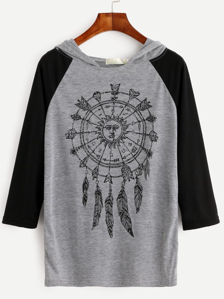 Shein Drawing Print Contrast Raglan Sleeve Hooded Tee