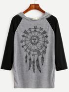 Shein Drawing Print Contrast Raglan Sleeve Hooded Tee