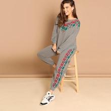 Shein Plus Drop Shoulder Plaid Panel Pullover And Sweatpants Set