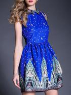Shein Blue Lapel Sleeveless Print Dress