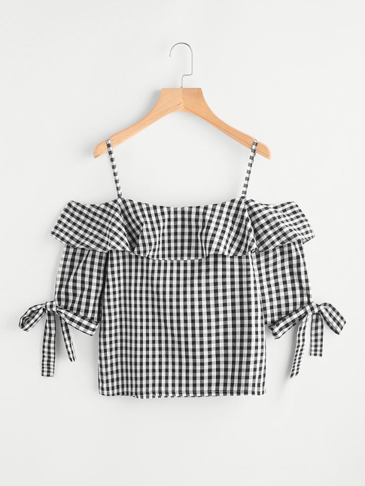Shein Gingham Flounce Layered Tie Cuff Top