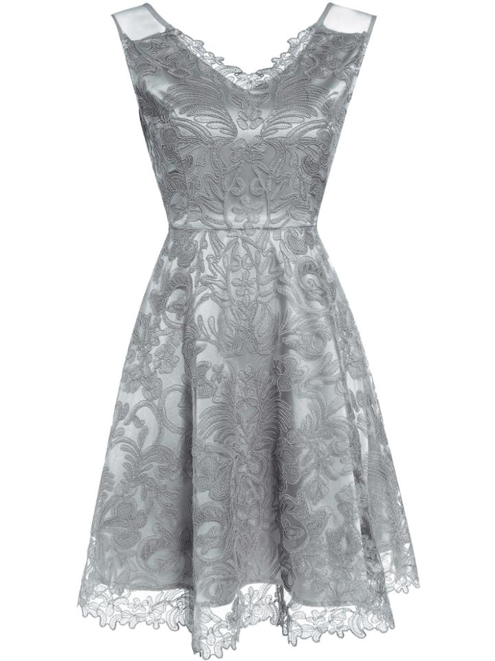 Shein Grey V Neck Gauze Disc Flowers Dress