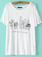 Shein White Short Sleeve Cactus Embroidered T-shirt