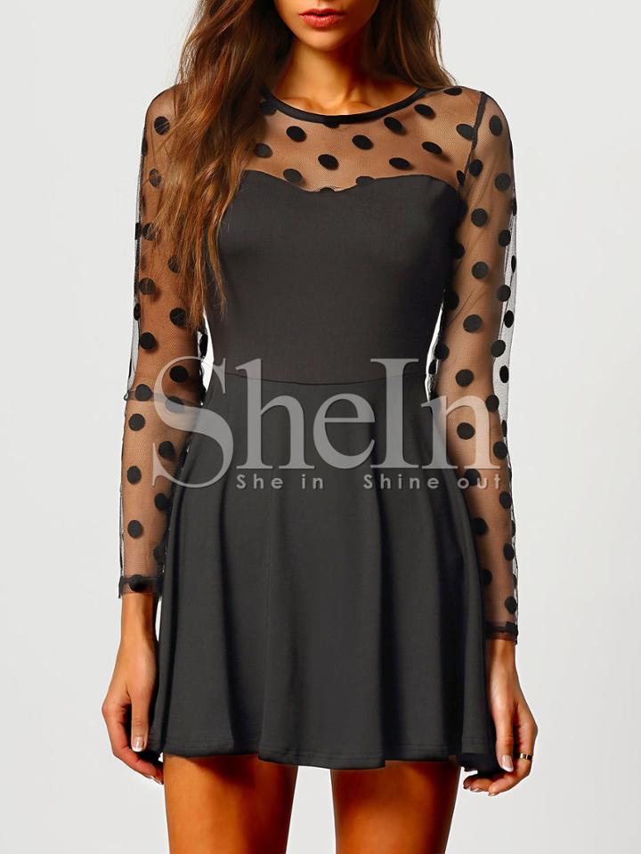 Shein Black Long Sleeve Polka Dot Pleated Dress