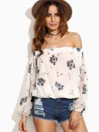 Shein White Floral Print Off The Shoulder Chiffon Top