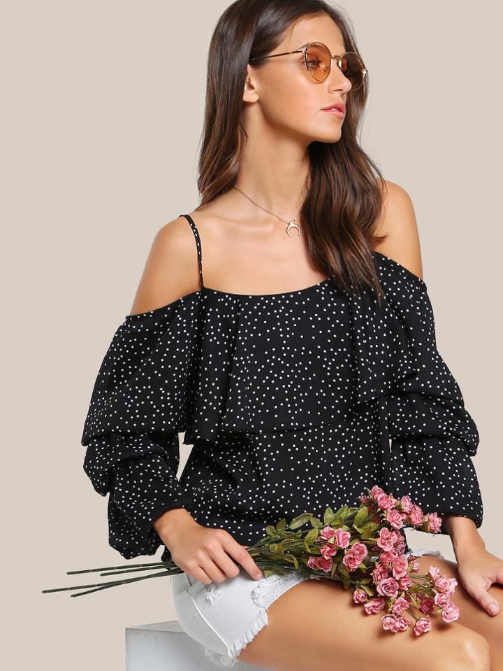 Shein Cold Shoulder Flounce Polka Dot Top