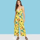 Shein Surplice Neck Knot Back Tropical Print Palazzo Cami Jumpsuit