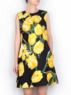 Shein Black Crew Neck Flowers Print Shift Dress