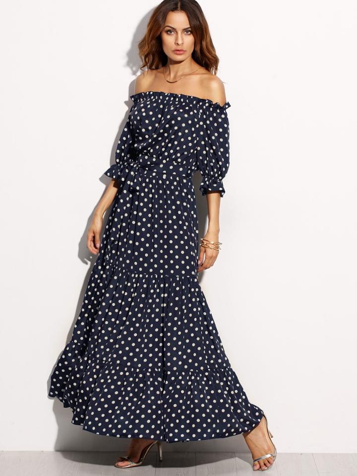Shein Bardot Neckline Tie Waist Polka Dot Dress
