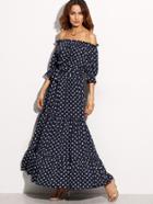 Shein Bardot Neckline Tie Waist Polka Dot Dress