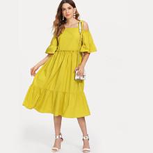 Shein Self Tie Shoulder Ruffle Trim Dress