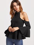 Shein Black Open Shoulder Bell Sleeve Peplum Blouse