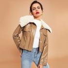 Shein Faux Fur Collar Flap Pocket Pu Jacket