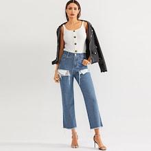 Shein Ripped Detail Raw Hem Wide Leg Jeans