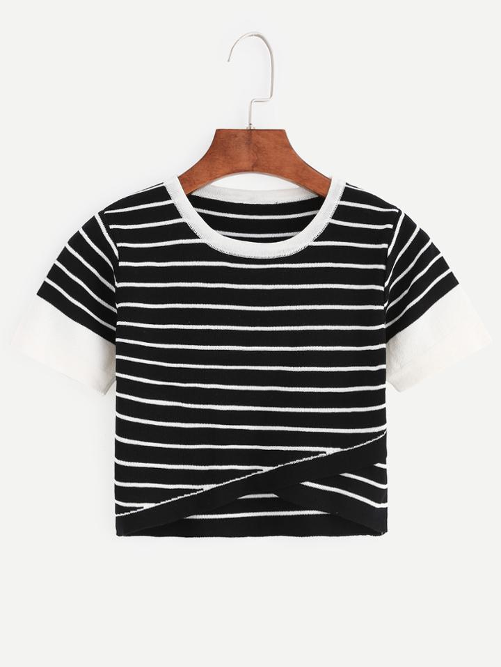 Shein Black Striped Contrast Trim Knitted Wrap Top