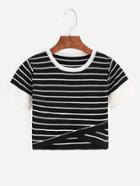 Shein Black Striped Contrast Trim Knitted Wrap Top